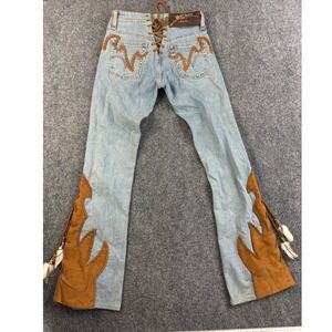 Michelle Julene Couture Levi's Upcycled Jeans Leather Fringe Lace Up OOAK
